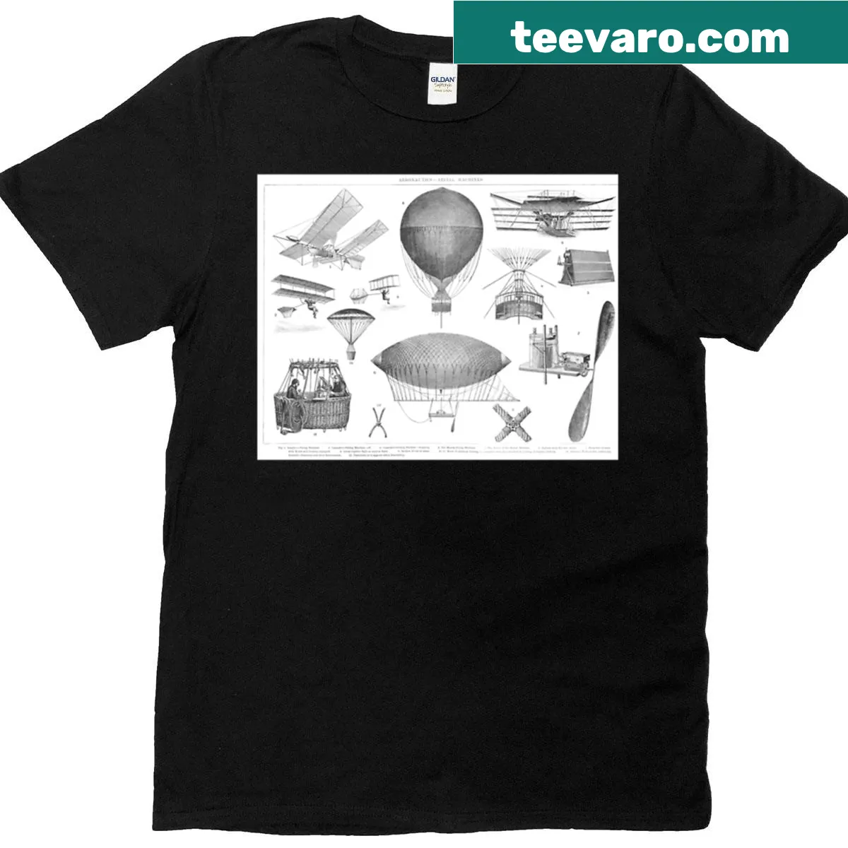 Line-art illustration of aerial machines on a T-shirt — on a men's t-shirt