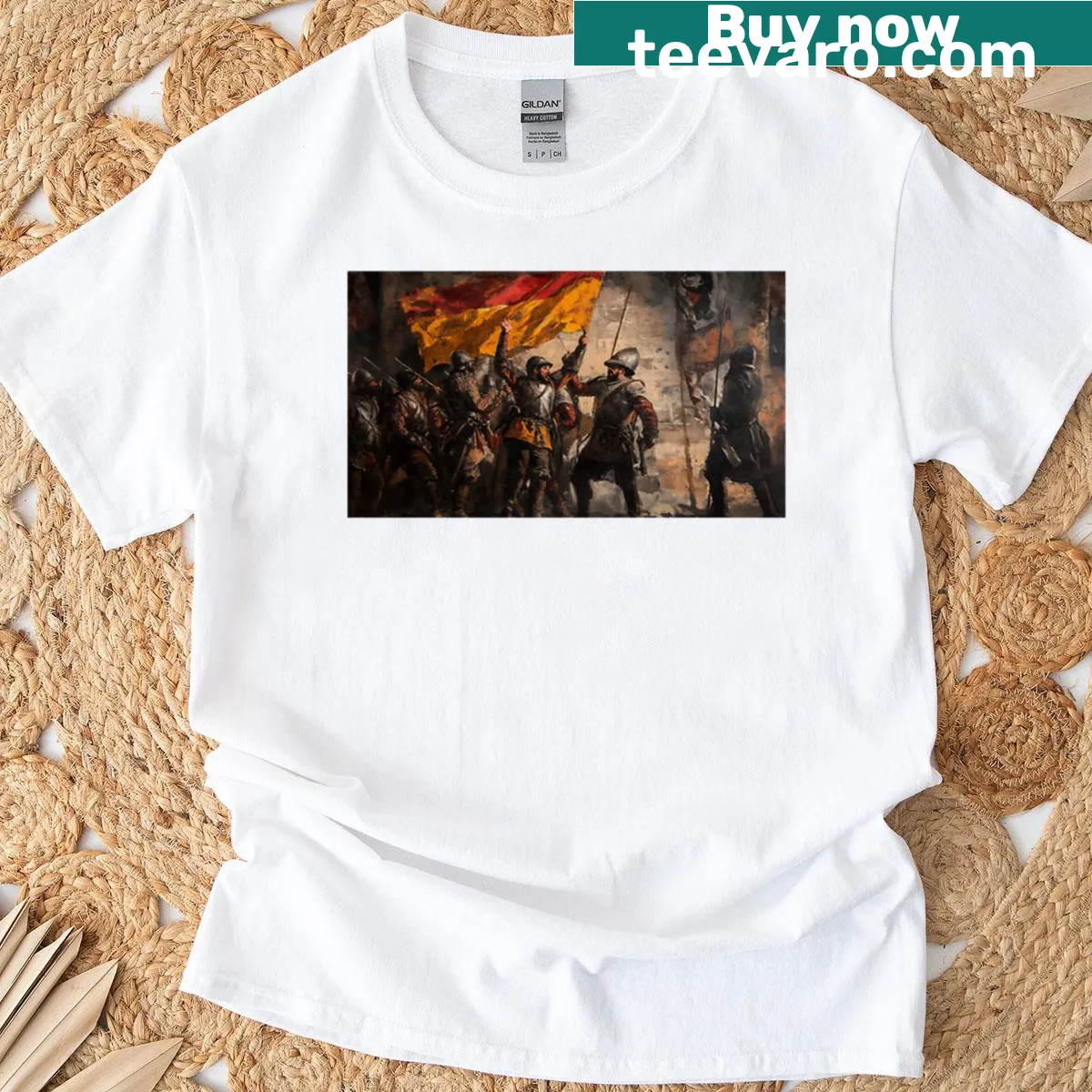 Illustration of knights raising a crimson banner on a T-shirt — on a men's t-shirt
