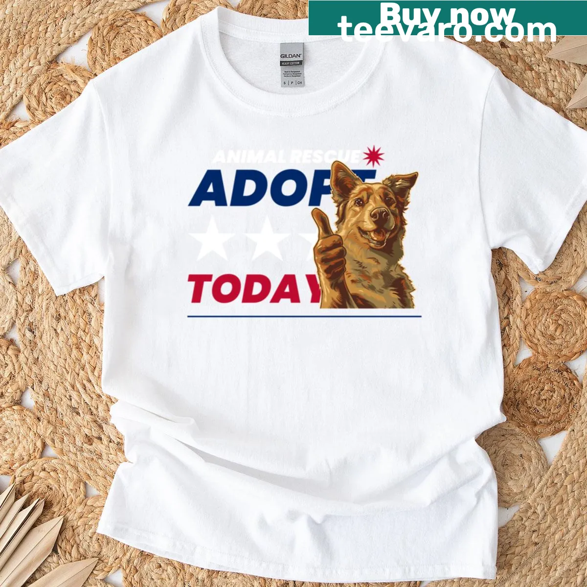Illustrated t-shirt promoting animal rescue and pet adoption — on a men's t-shirt