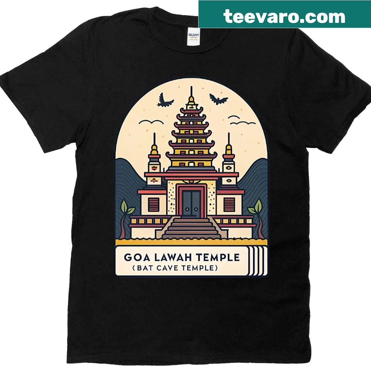 T-shirt with an illustration of Bali Goa Lawah Temple — on a men's t-shirt