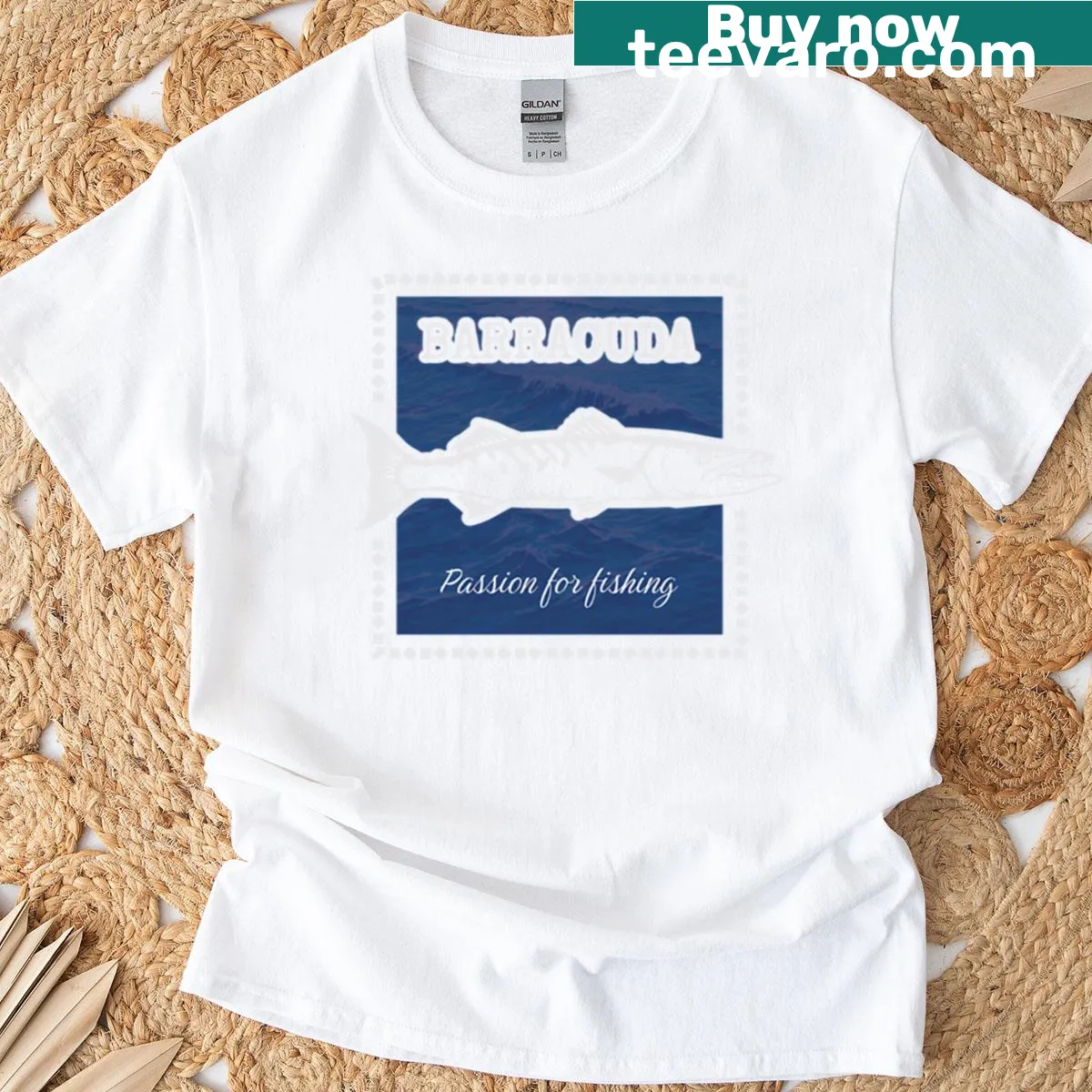 Artistic T-shirt featuring barracuda fishing graphic — on a men's t-shirt