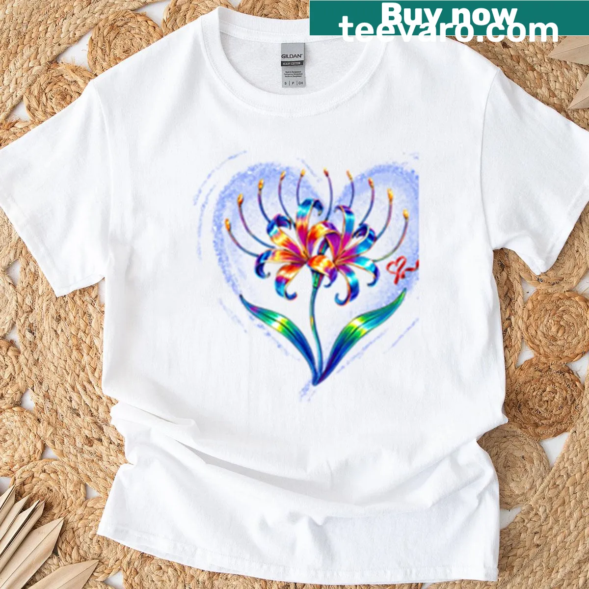 Intricate spider lily illustration on T-shirt — on a men's t-shirt