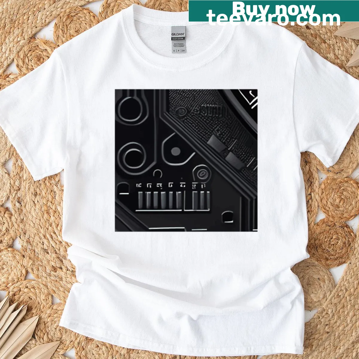 Minimalist black lattices graphic representing virtual consciousness — on a men's t-shirt
