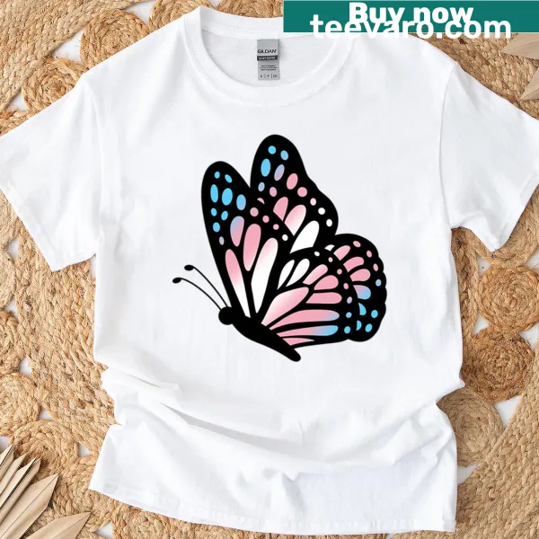 Butterfly graphic representing Trans Pride on a t-shirt