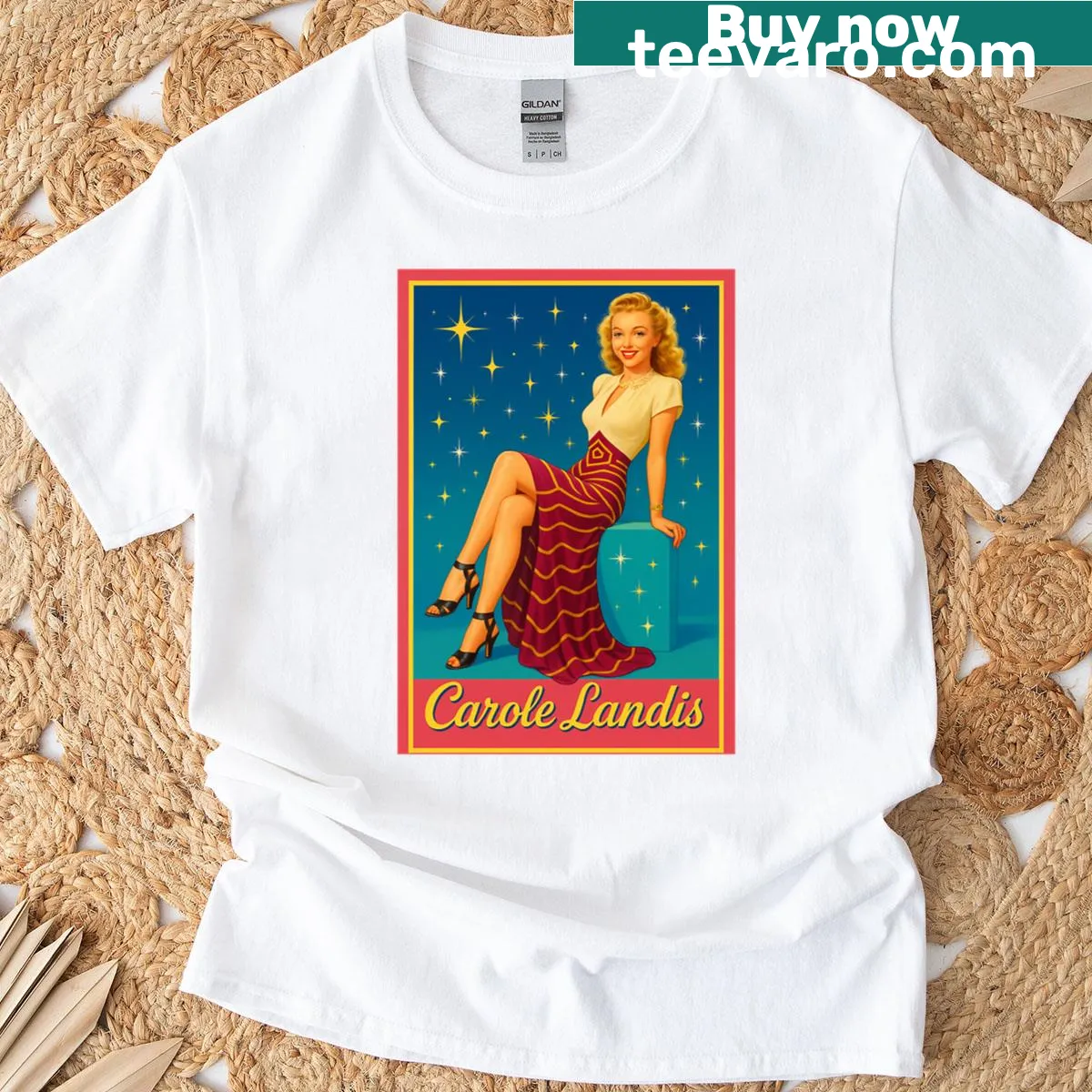 Vintage oversized t-shirt featuring a nostalgic Carole Landis pin-up graphic — on a men's t-shirt