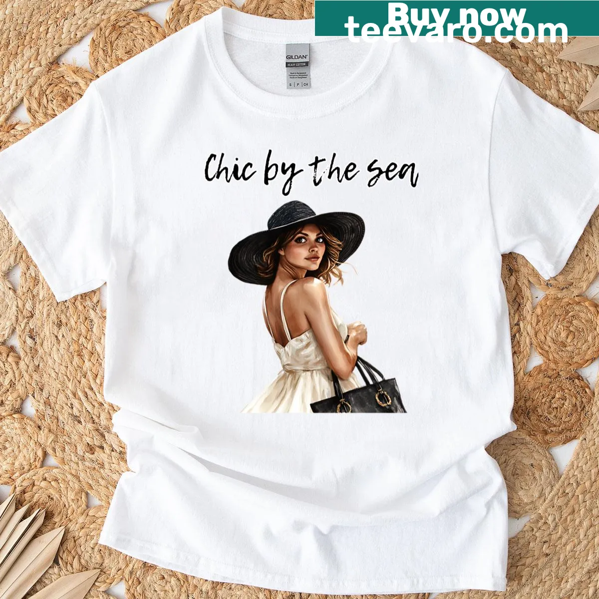 Illustrated coastal fashion girl on an oversized T-shirt — on a men's t-shirt
