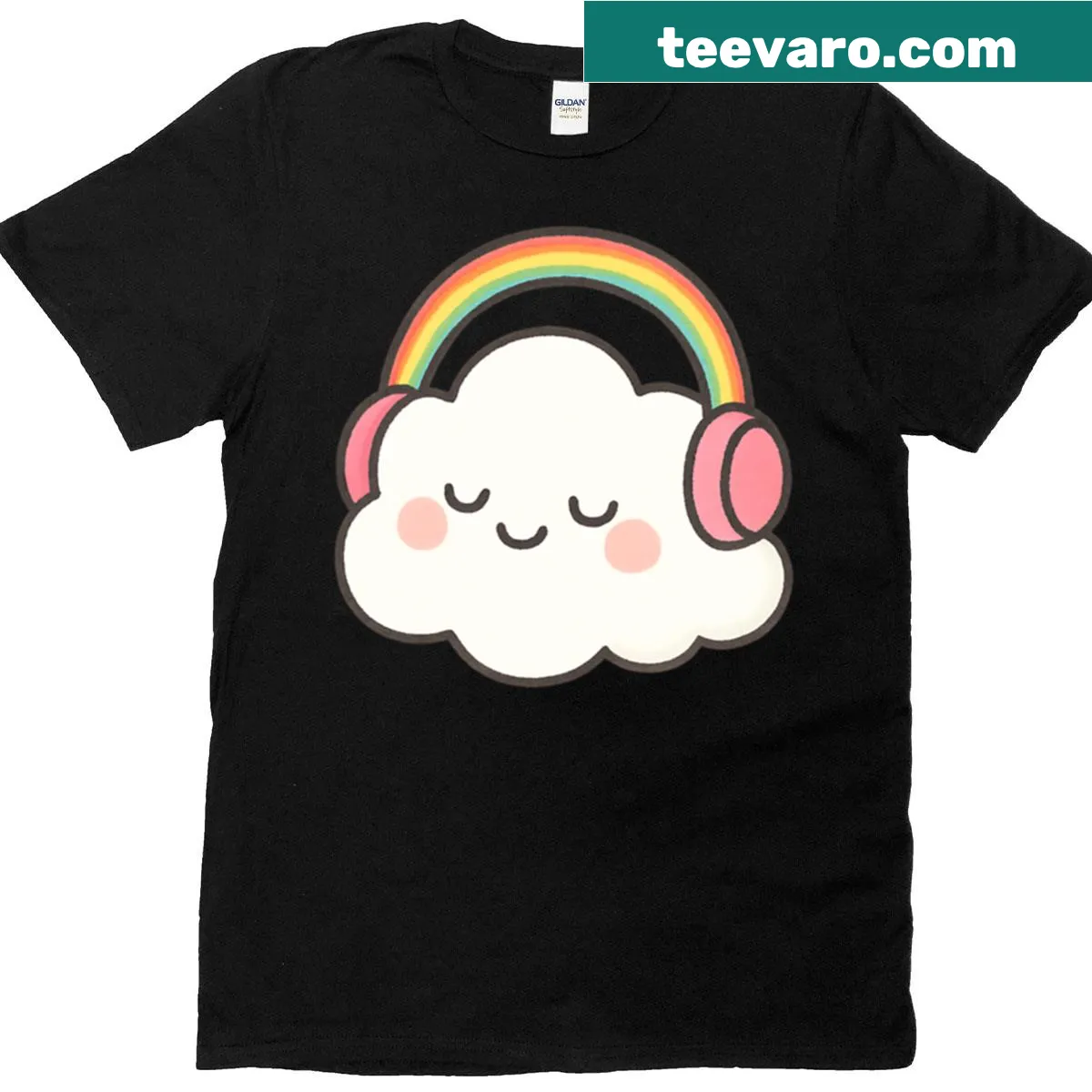 Whimsical cloud design listening to rainbow vibes — on a men's t-shirt