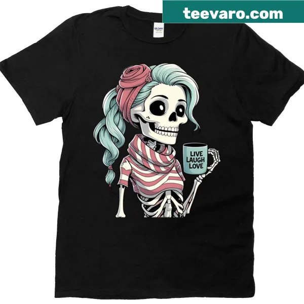 Female skeleton illustration holding coffee on a T-shirt