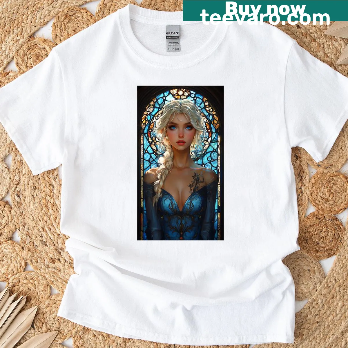 T-shirt depicting a cold queen in a winter-themed graphic — on a men's t-shirt