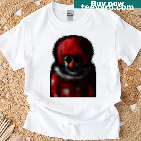 Illustration of a creepy clown dressed in red on a T-shirt