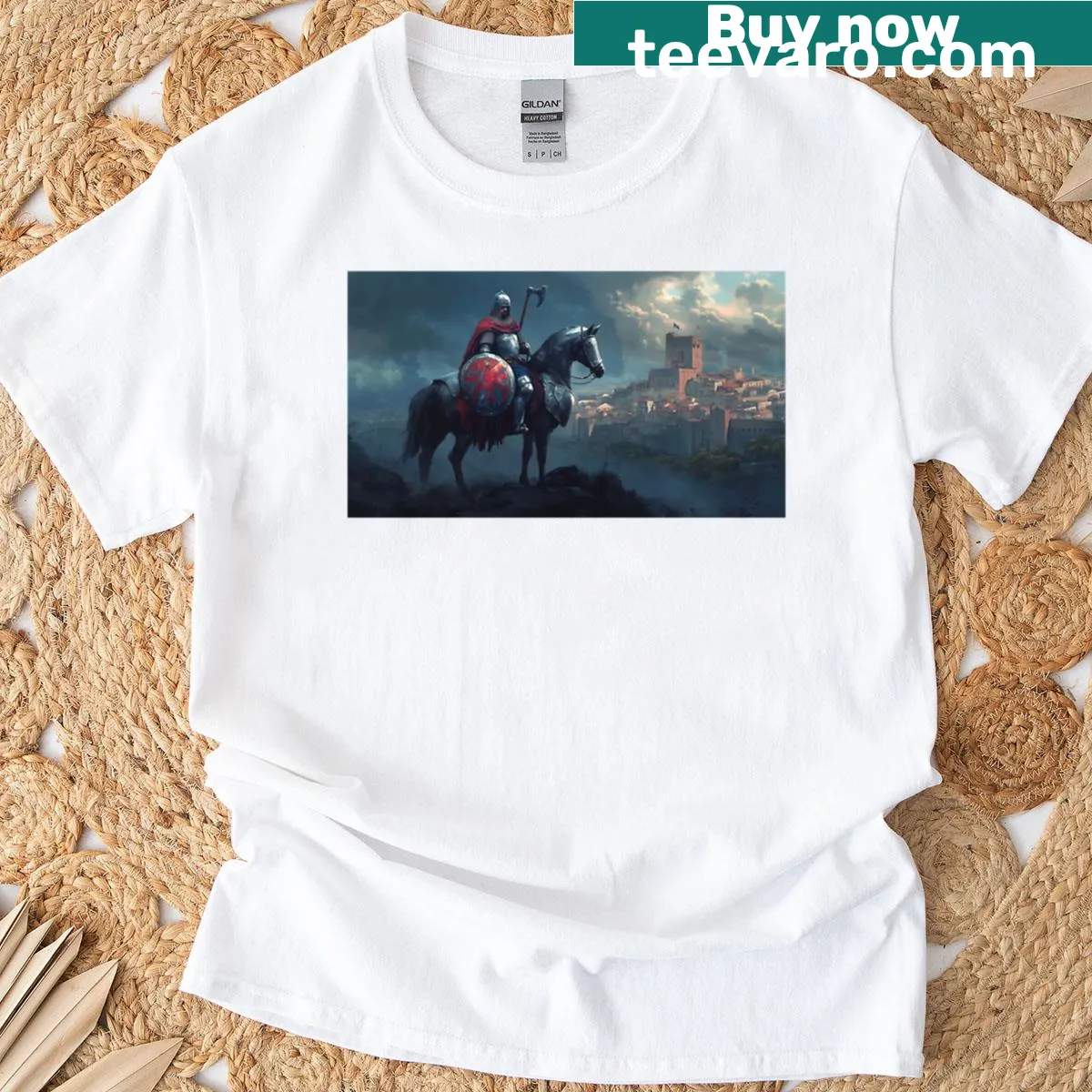 Crimson knight before a medieval castle on a T-shirt — on a men's t-shirt