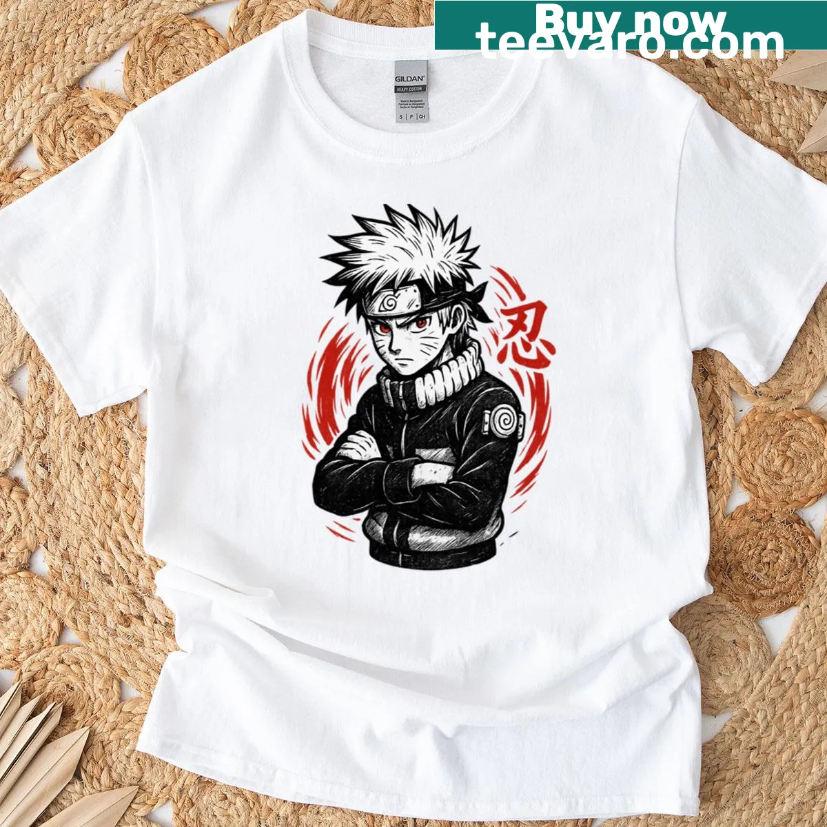 Manga style crimson shinobi ninja art on the t-shirt — on a men's t-shirt