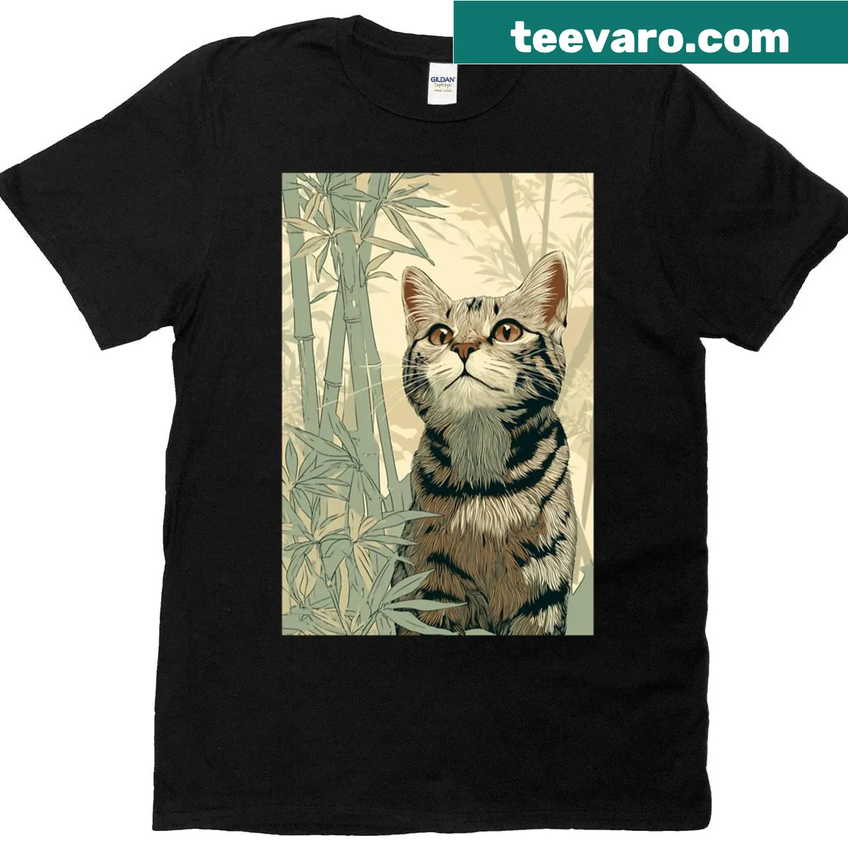 Boxy t-shirt featuring a cat in a bamboo garden illustration — on a men's t-shirt