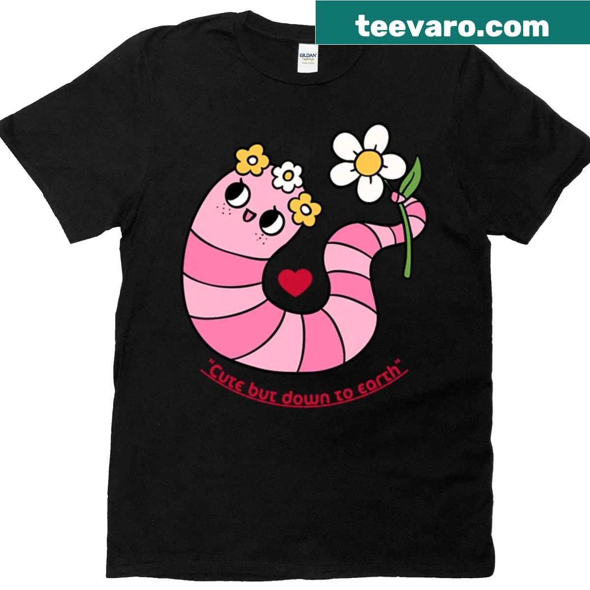 Boxy t-shirt with a cute cartoon worm and flowers design — on a men's t-shirt