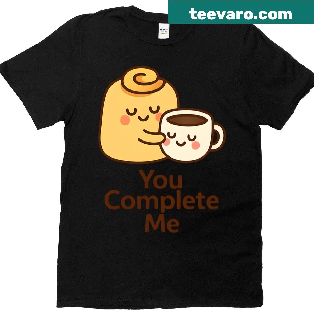 Illustration of a cinnamon roll hugging a coffee cup on a T-shirt — on a men's t-shirt