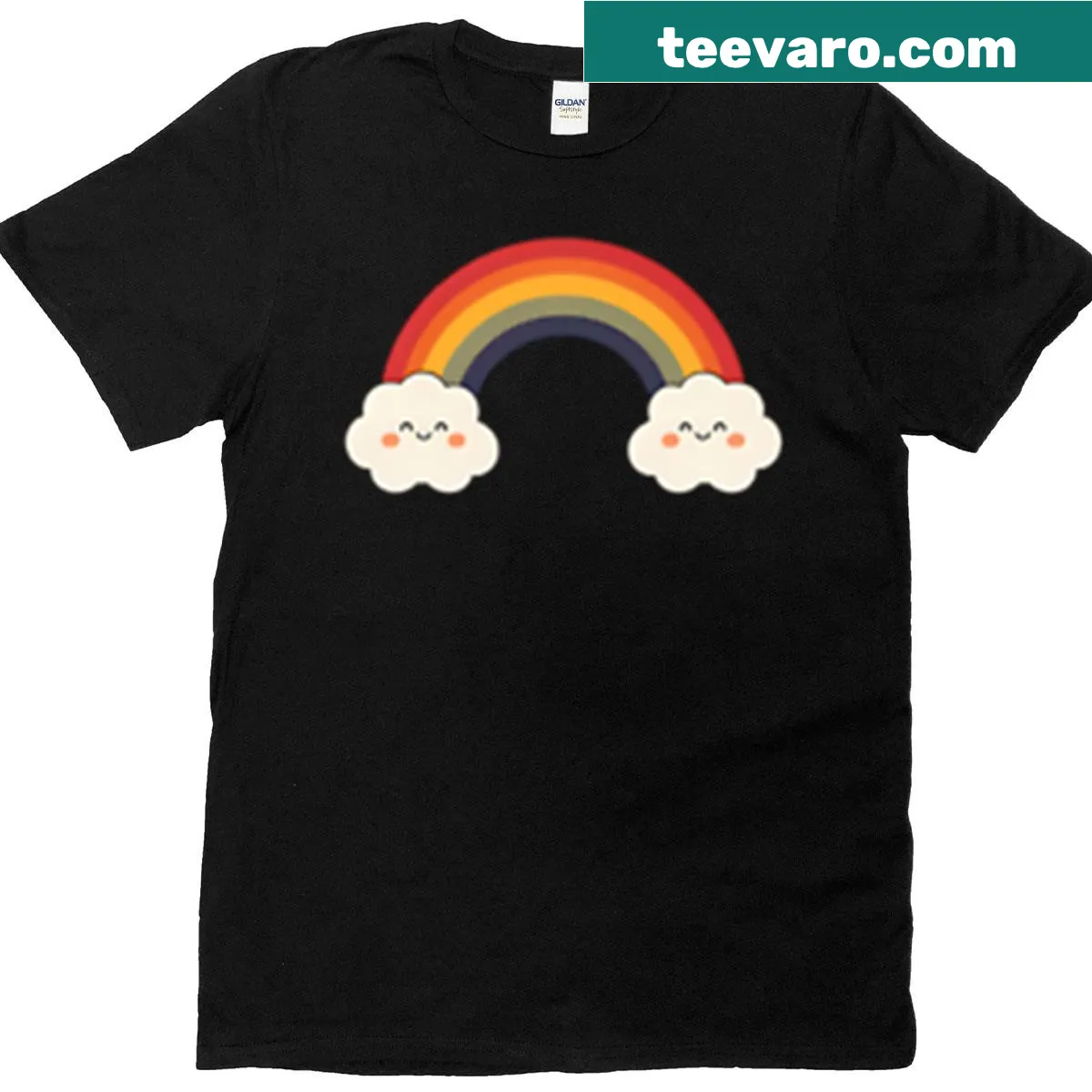 T-shirt with kawaii happy rainbow sticker design — on a men's t-shirt