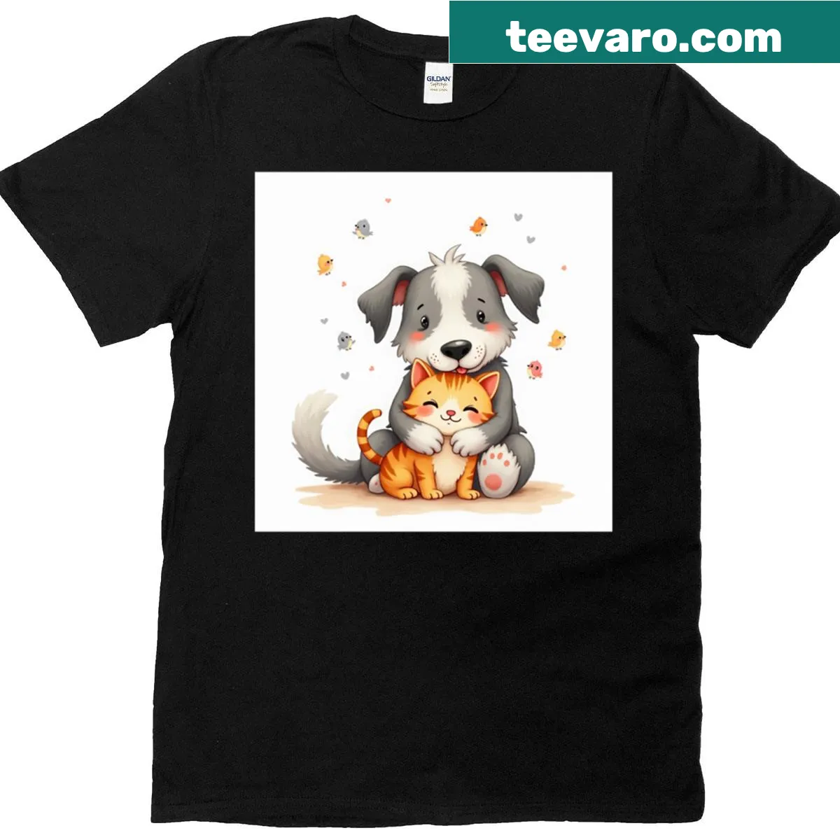Cartoon illustration of a puppy and kitten showcasing their friendship — on a men's t-shirt