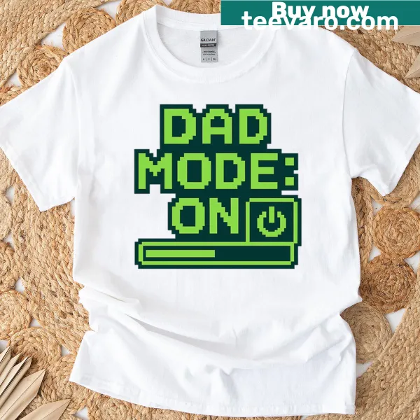 Retro pixel art t-shirt with 'Dad Mode On' gaming design