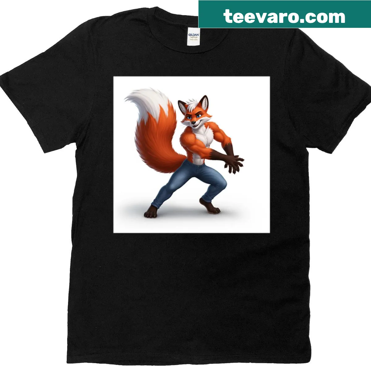 Illustration of a dancing male fox in blue jeans — on a men's t-shirt