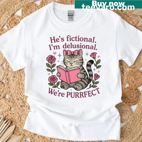 Cartoon cat design on a T-shirt celebrating fictional love stories