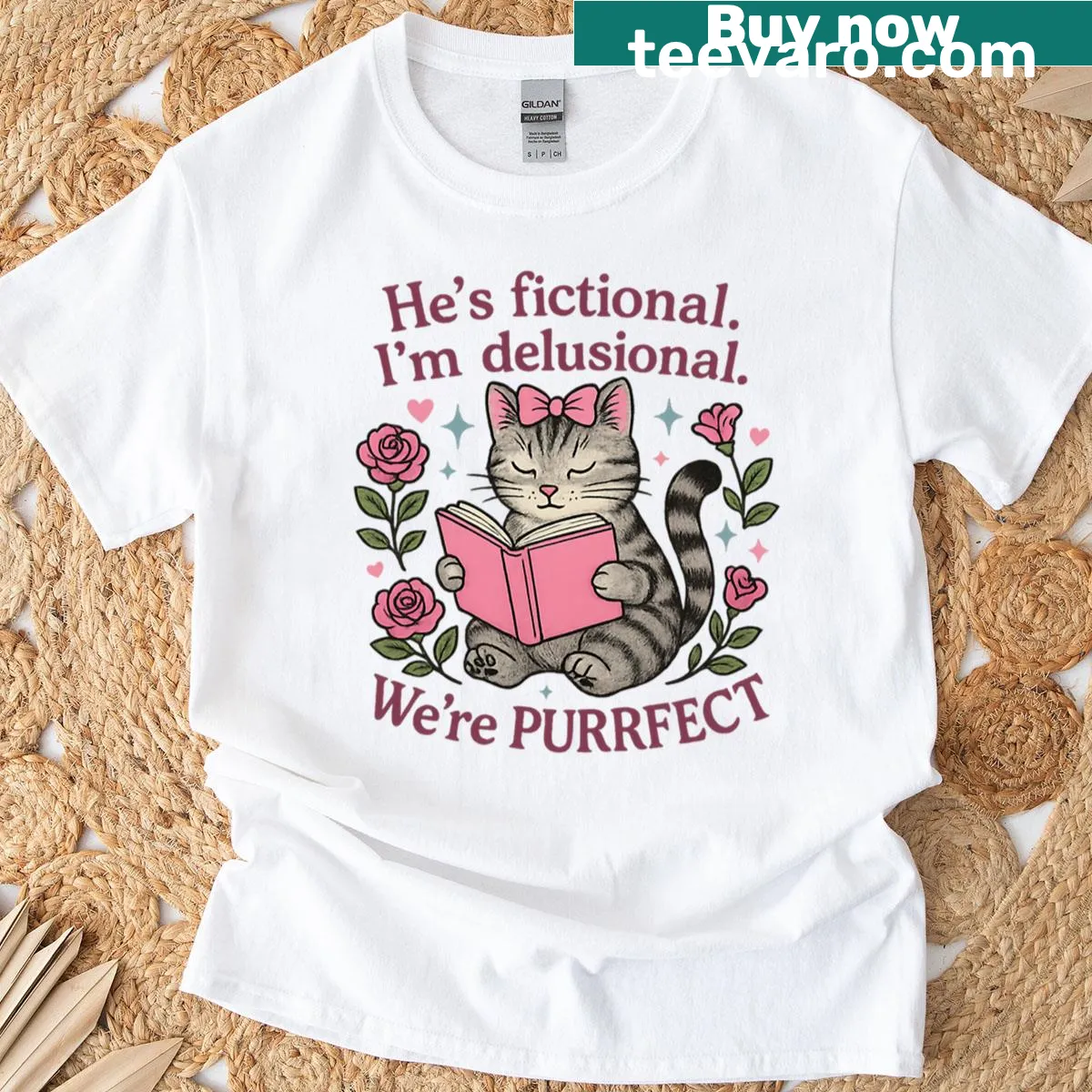 Cartoon cat design on a T-shirt celebrating fictional love stories — on a men's t-shirt