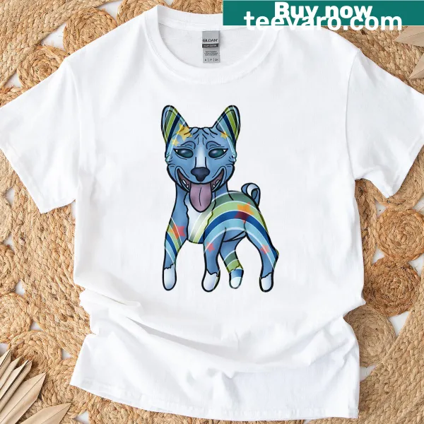 Oversized denim-themed T-shirt featuring fun dog graphics