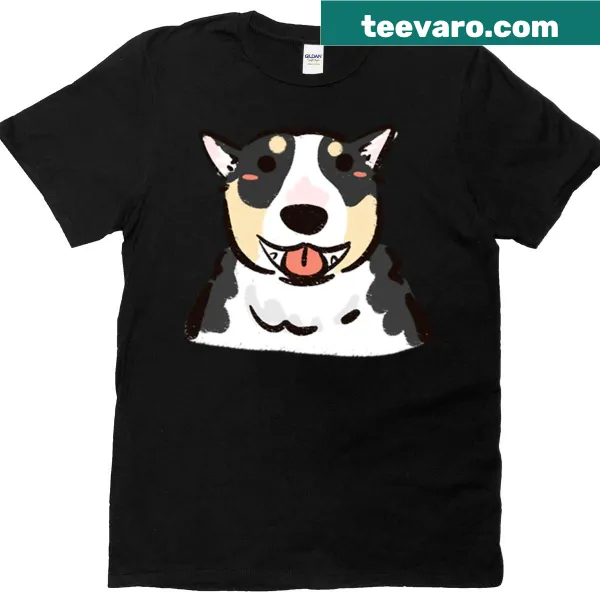 Funny cartoon of a smiling derpy corgi on a t-shirt