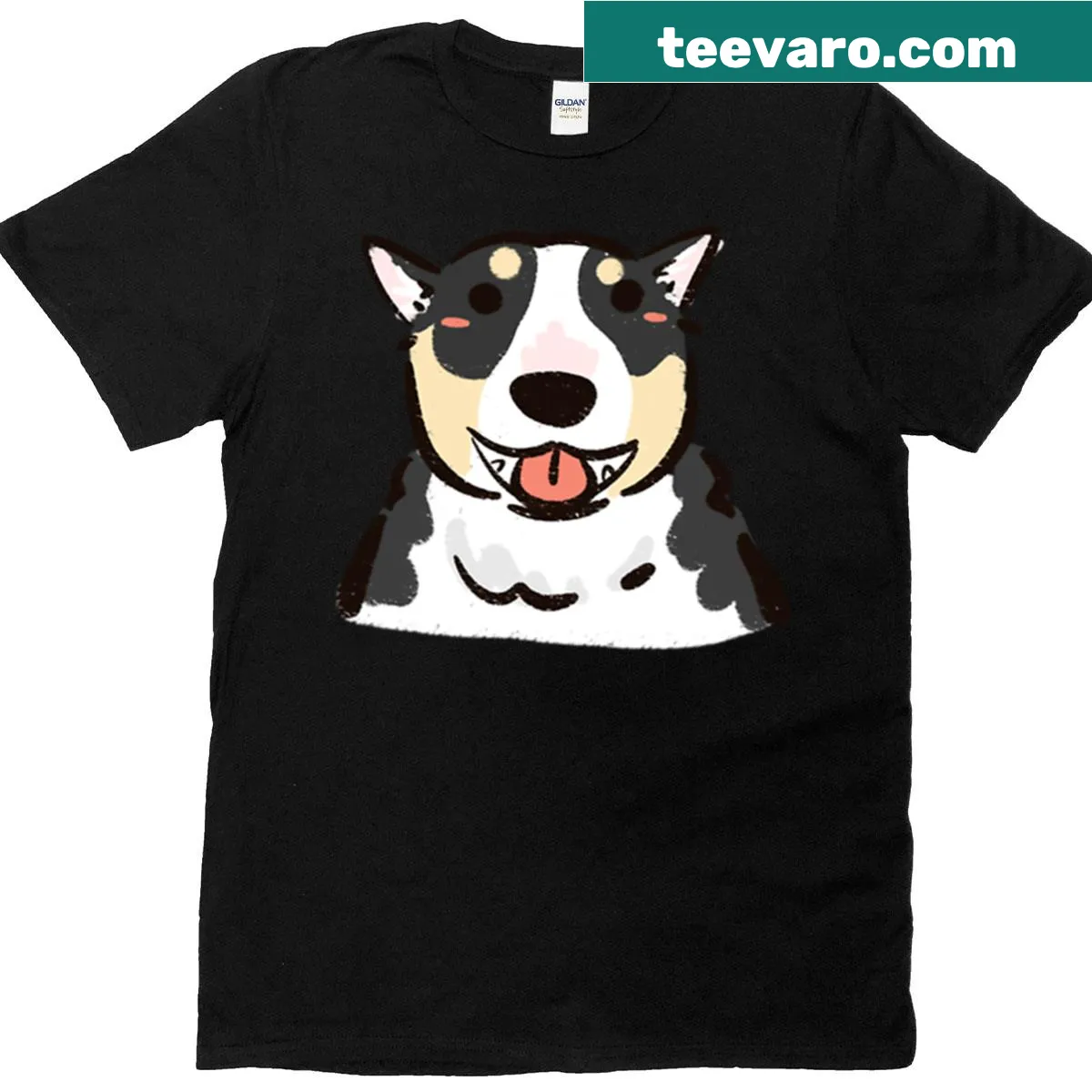 Funny cartoon of a smiling derpy corgi on a t-shirt — on a men's t-shirt