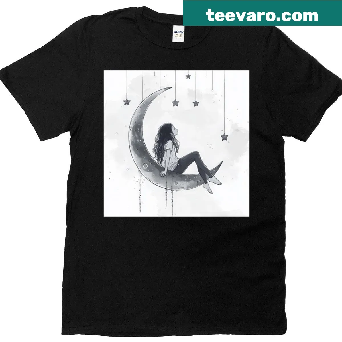 Illustration of a girl on a crescent moon surrounded by stars — on a men's t-shirt