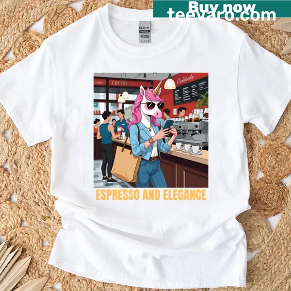 Oversized T-shirt featuring a cartoon of emails and espresso
