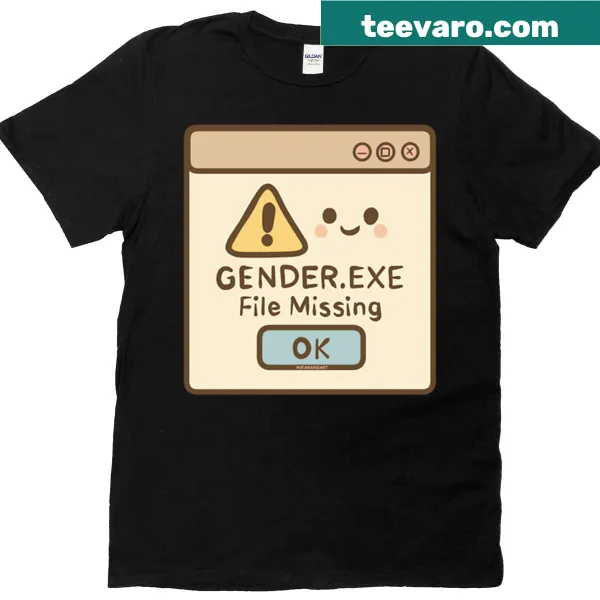 Typographic design featuring 'Error Genderexe Missing' on a t-shirt
