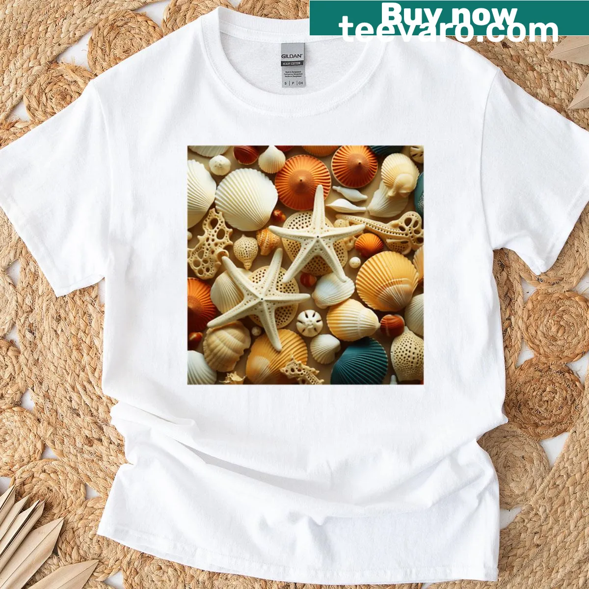 T-shirt featuring an illustration of starfish and seashells — on a men's t-shirt