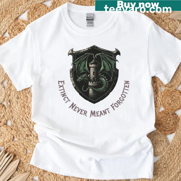 Oversized t-shirt with dragon graphic and text 'Extinct Never Meant Forgotten'