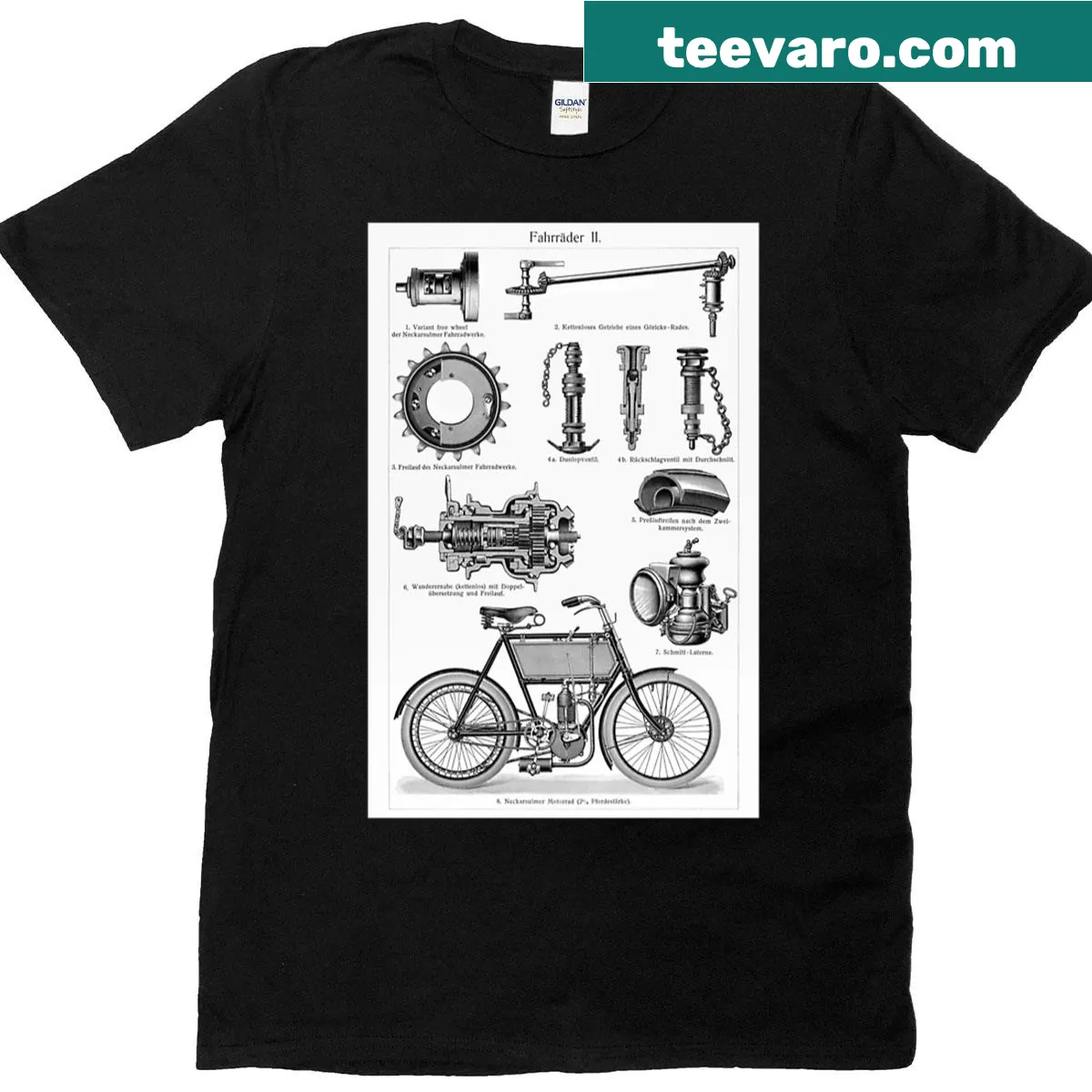 Minimalist motorbike diagram illustration T-shirt — on a men's t-shirt