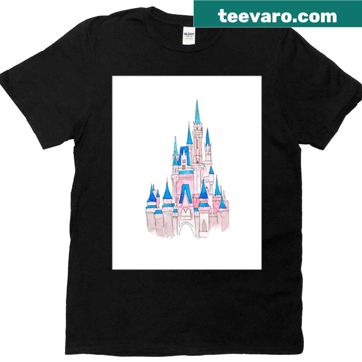 Watercolor illustration of a fairytale castle on T-shirt — on a men's t-shirt