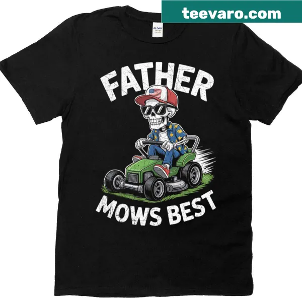 Funny skeleton riding mower graphic T-shirt for dads