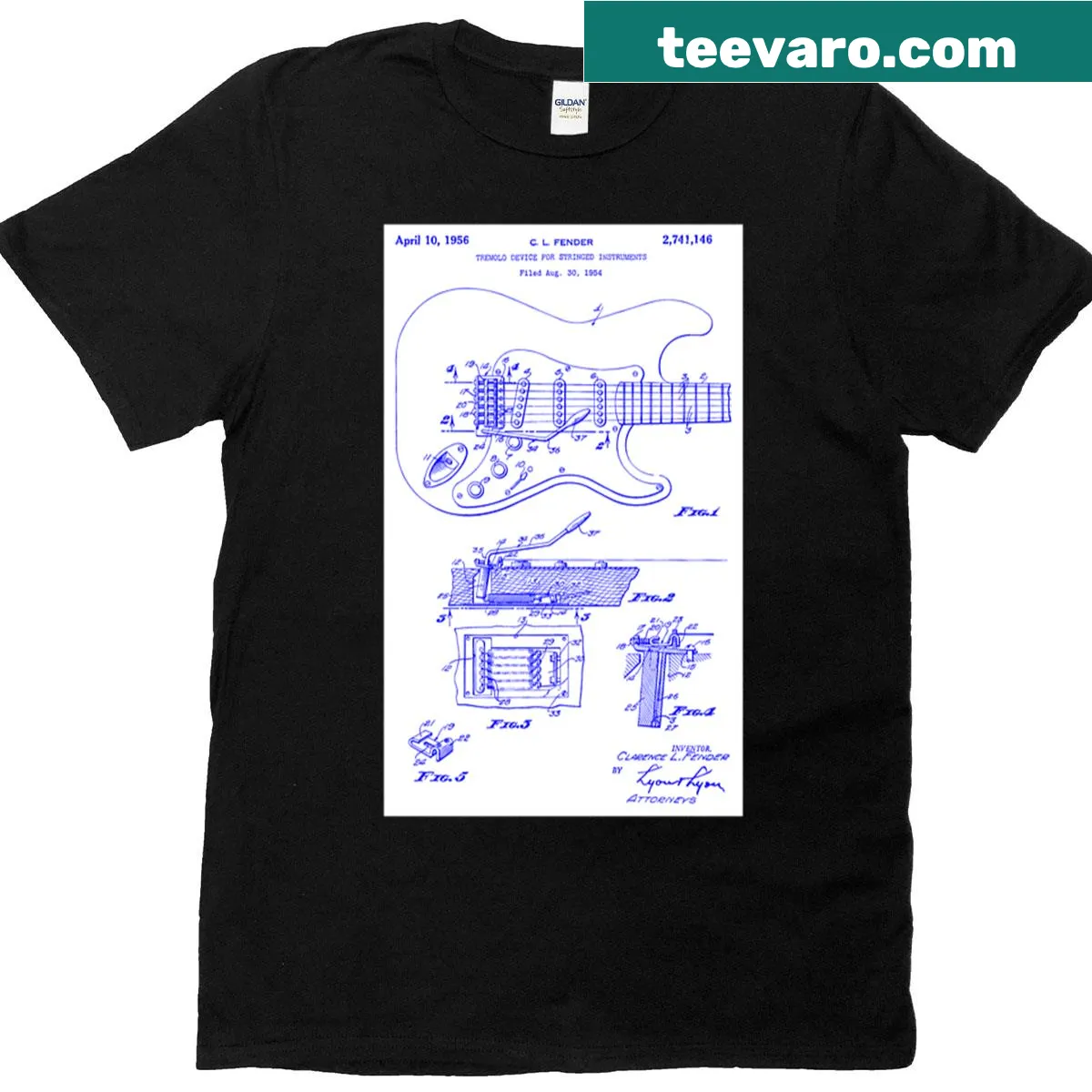 Fender guitar tremolo patent design T-shirt — on a men's t-shirt
