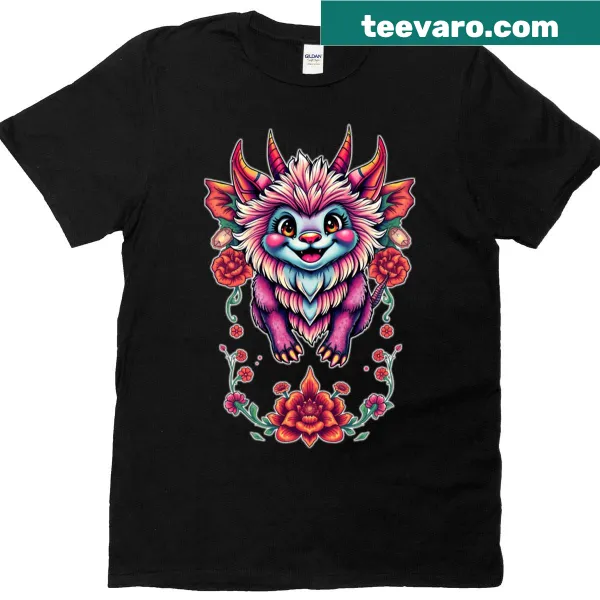 Illustration of a fire flower dragon on fitted T-shirt