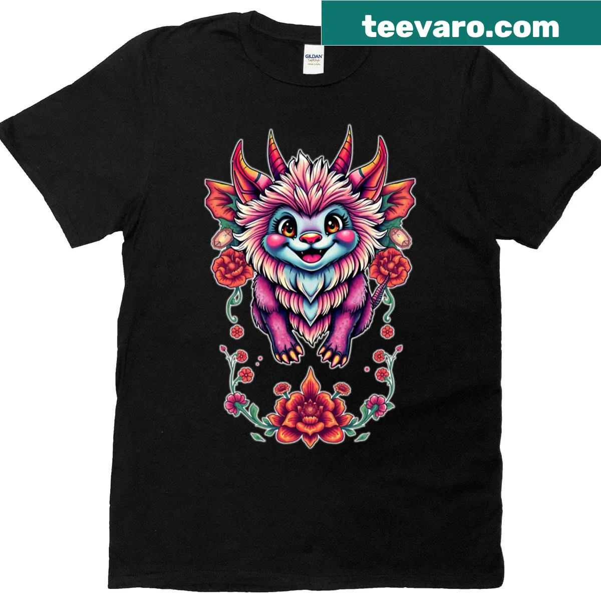 Illustration of a fire flower dragon on fitted T-shirt — on a men's t-shirt