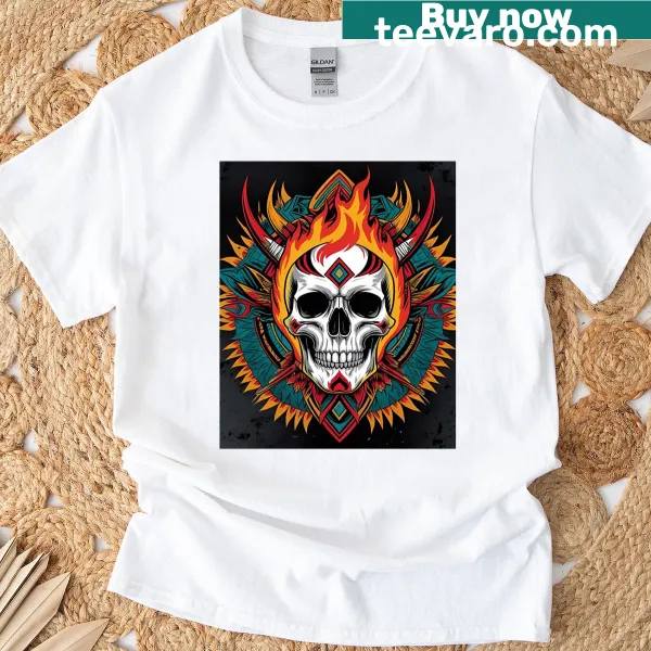 Graphic t-shirt featuring a dramatic fire skull design
