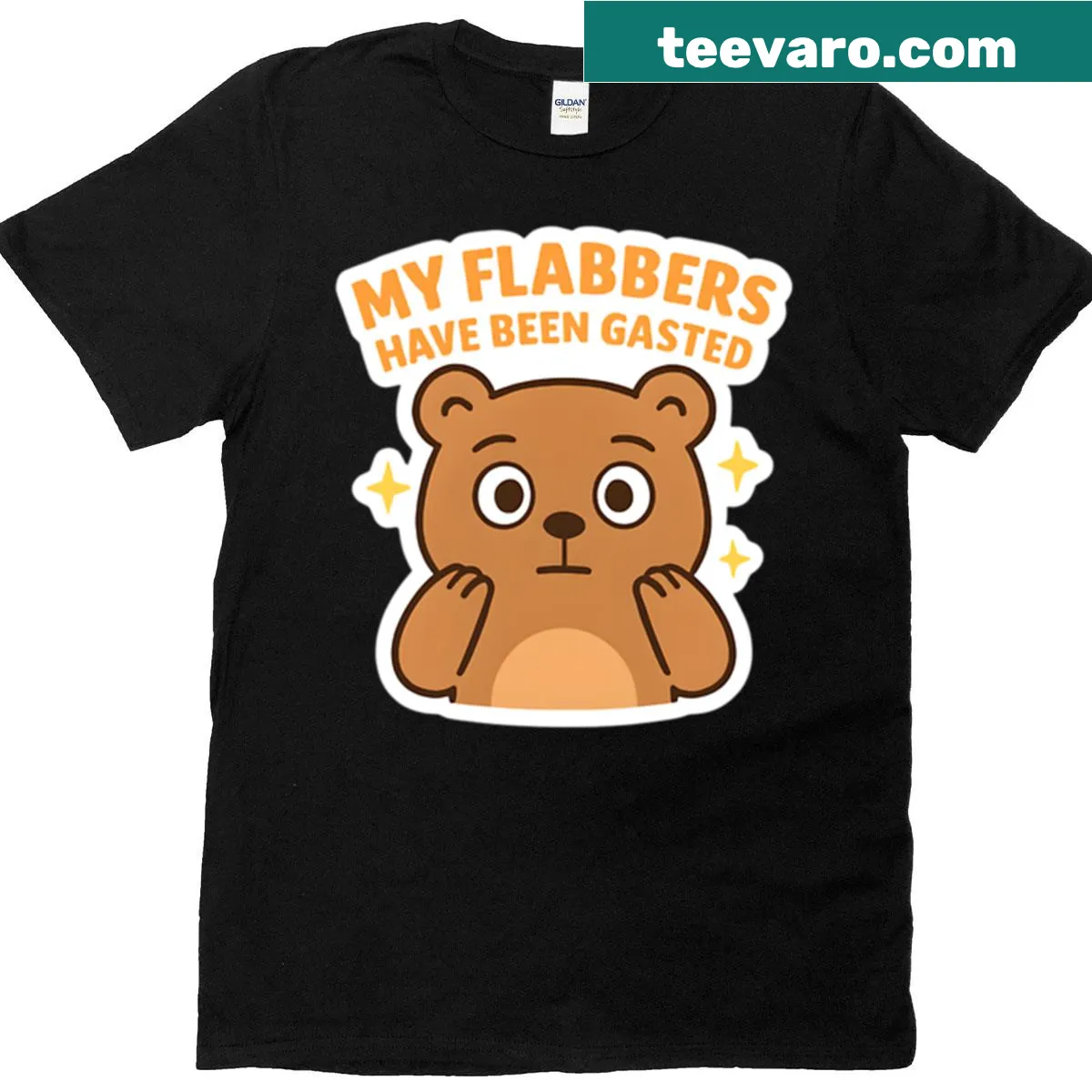 Funny bear sticker design T-shirt with cartoon graphics — on a men's t-shirt