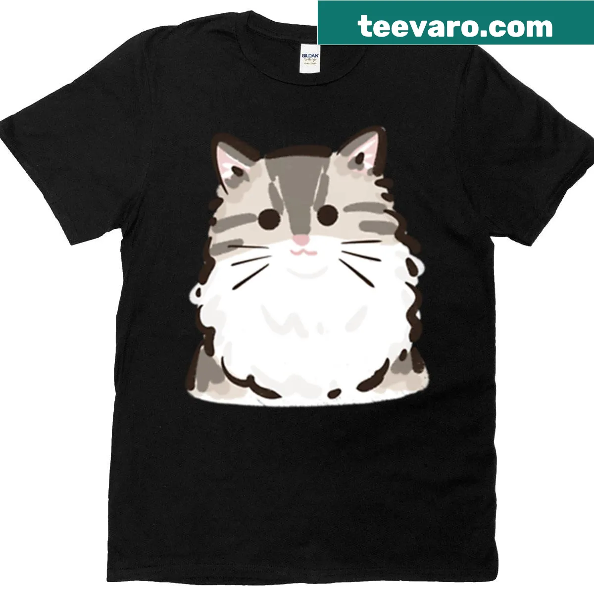 Cartoon drawing of a fluffy chubby cat on a T-shirt — on a men's t-shirt