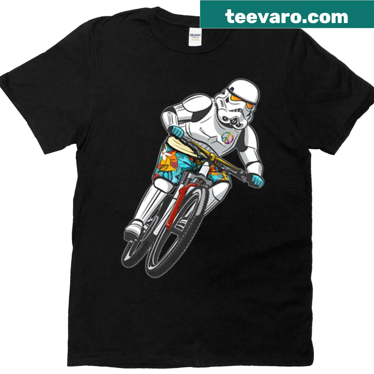 Oversized t-shirt with a funky sci-fi biking character illustration — on a men's t-shirt