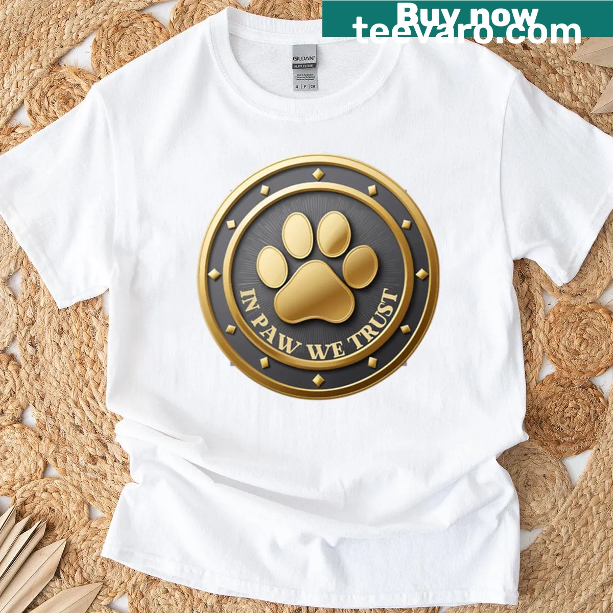 Gold coin design with "In Paw We Trust" text for pet lovers — on a men's t-shirt