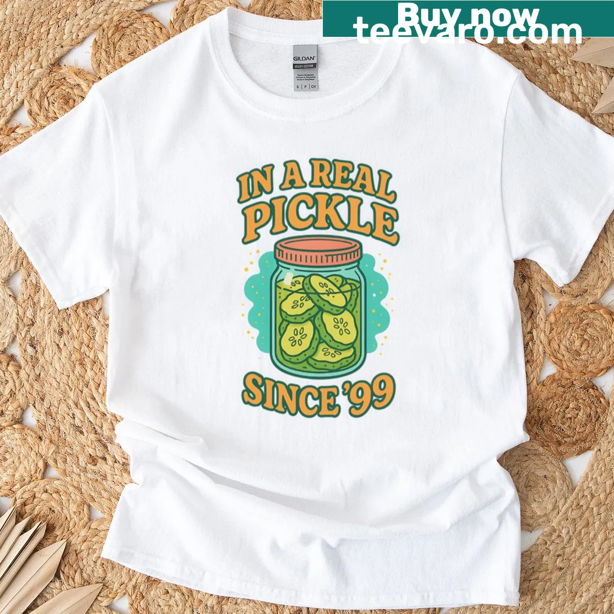 Retro T-shirt with a 'Pickle Jar Since 99' design. — on a men's t-shirt