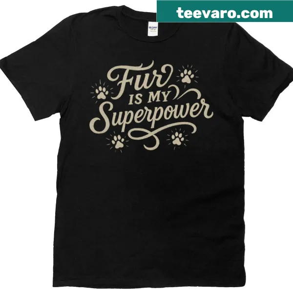 Boxy T-shirt with the quote 'Fur Is My Superpower' and a cat illustration.