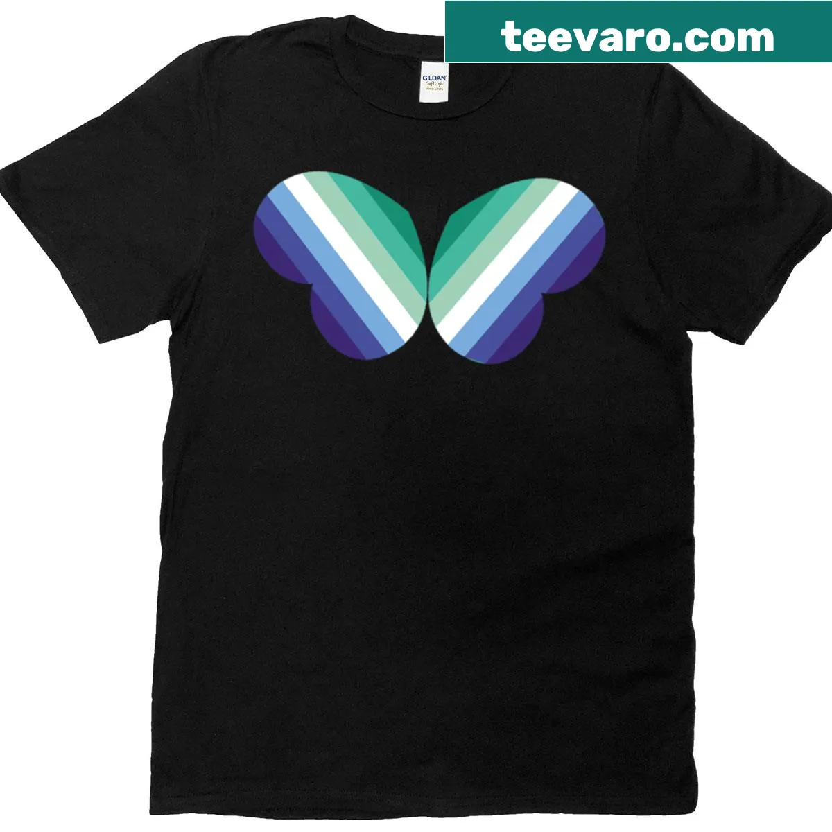 Butterfly design with pride hearts and rainbow flag on a t-shirt — on a men's t-shirt