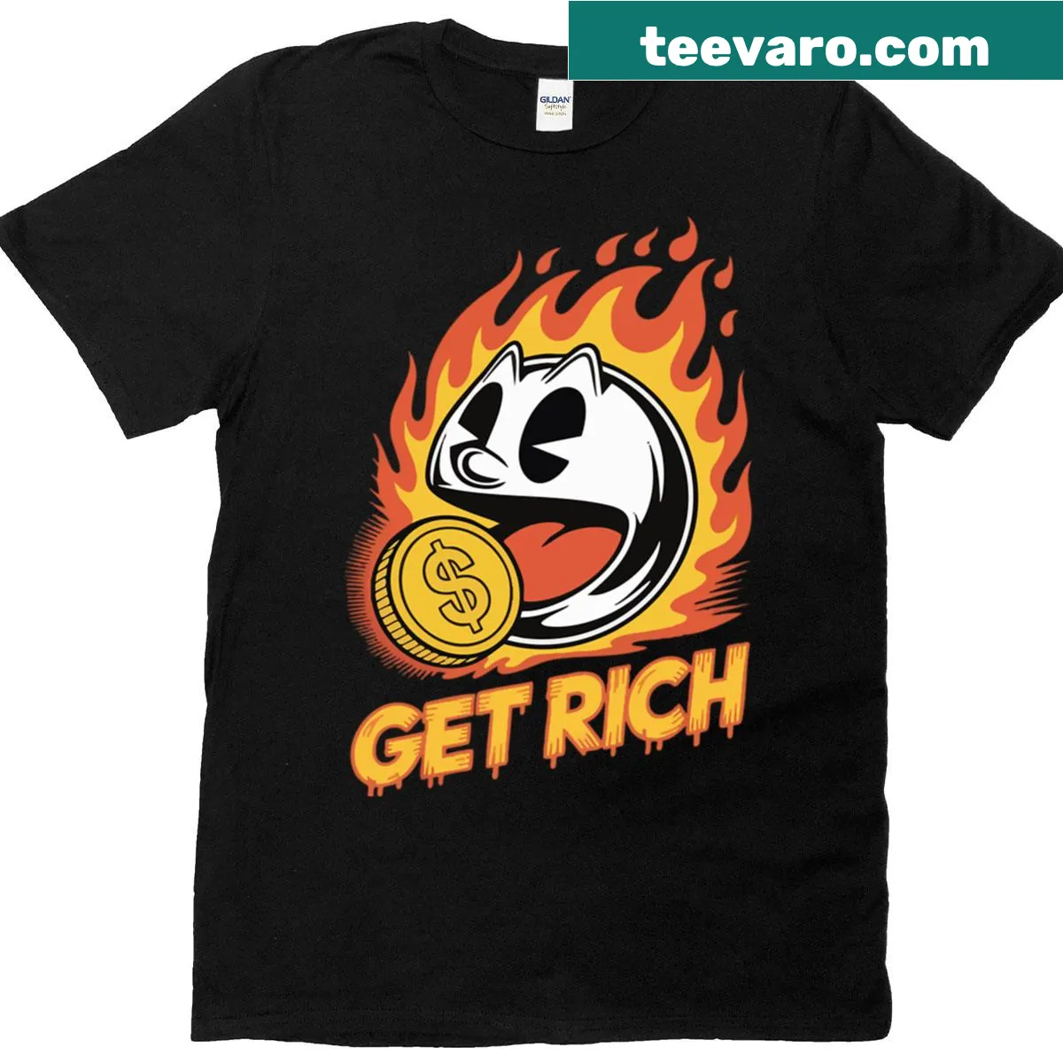 Witty t-shirt with the phrase 'Get Rich By Italianfreak' in bold text — on a men's t-shirt