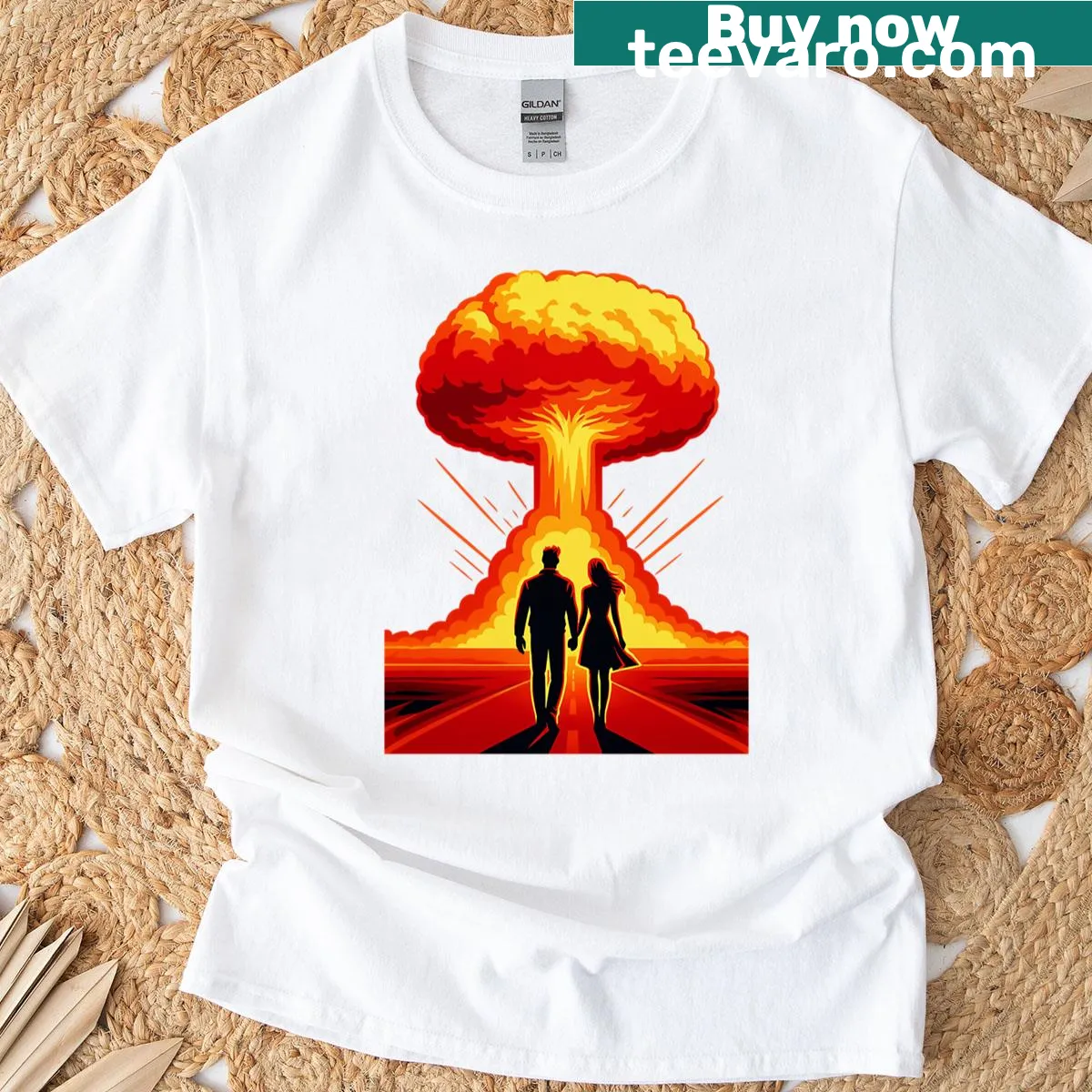 Surreal art design T-shirt featuring themes of apocalyptic romance. — on a men's t-shirt