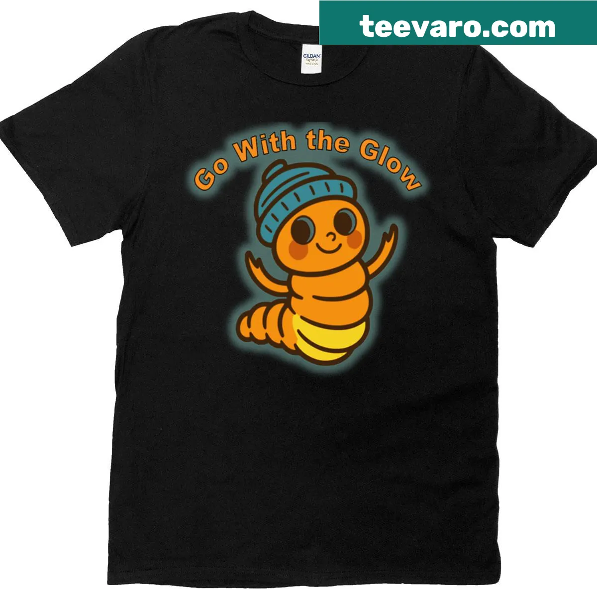Whimsical t-shirt with an illustration of a glowworm wearing a beanie — on a men's t-shirt
